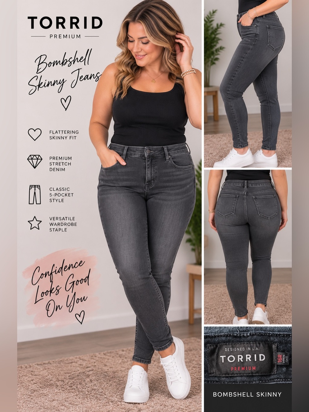 Torrid Premium Bombshell Skinny Jeans Size 16R Black Charcoal Wash